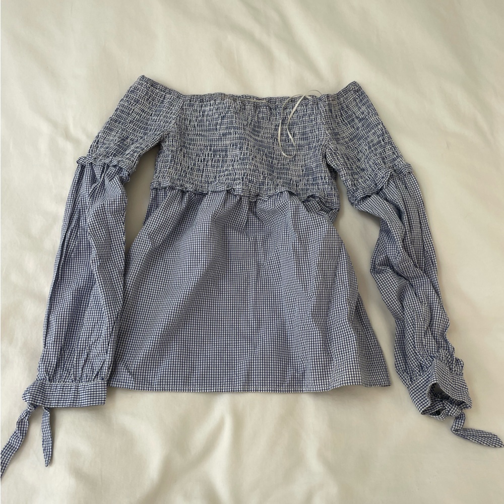 Anthropologie Checked Off the Shoulder Smocked Top, XS
